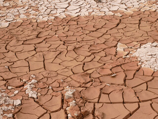 Mudlands that previously contained water have cracked due to hot weather and drought. All water content has been evaporated by the heat