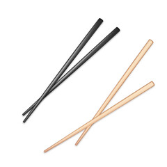 Realistic black and light wooden glossy chopsticks. Chopstick element Asian or oriental traditional culture. Vector isolated on white