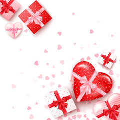 Set of gifts in square and hearts shaped boxes with silk ribbon and bow. Present for Valentine's day decorated confetti. Template for banner or greeting card. Vector
