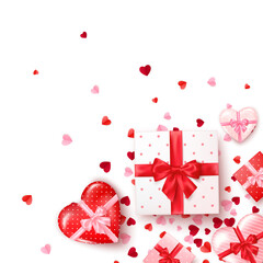 Gifts in square and hearts shaped boxes with silk ribbon and bow. Present for Valentine's day decorated confetti. Template for banner or greeting card. Vector