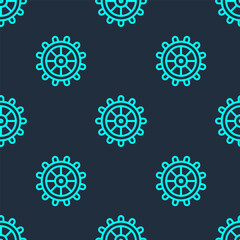 Green line Ship steering wheel icon isolated seamless pattern on blue background. Vector.