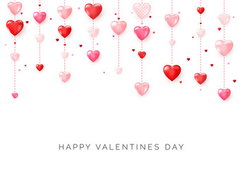Happy Saint Valentine's day card. Hanging pink and red hearts. Vector