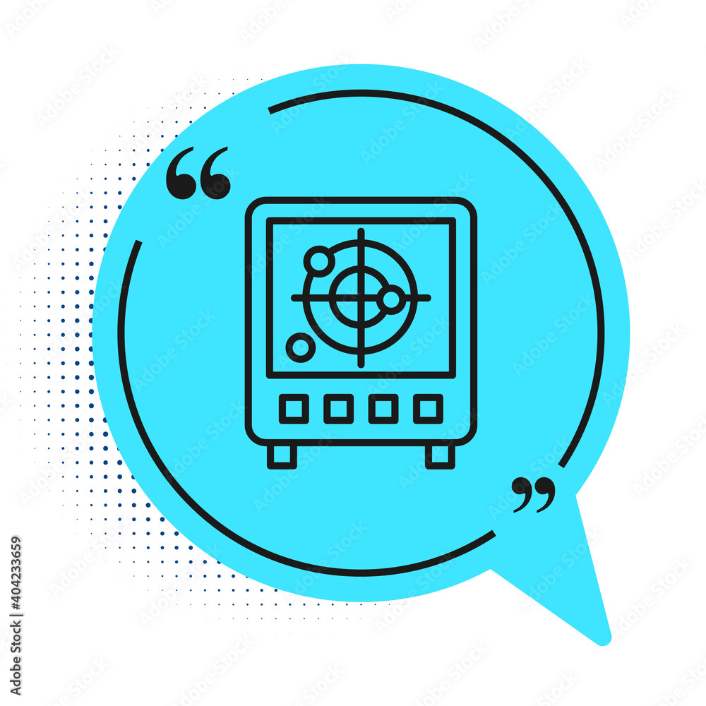 Poster black line radar with targets on monitor in searching icon isolated on white background. search syst