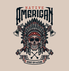 Native american t shirt graphic design, hand drawn line style with digital color, vector illustration
