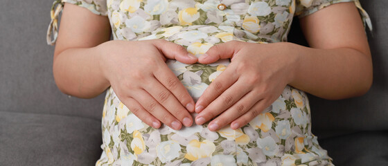 Pregnant woman handles her belly in the shape of mini heart