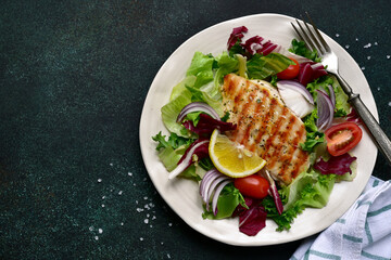 Grilled chicken breast with fresh vegetable salad. Top view with copy space.