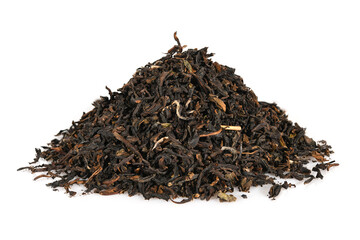 Black loose indian dry tea from Assam. Close-up macro high resolution isolated on white background top view.