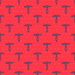 Blue line Ice axe icon isolated seamless pattern on red background. Montain climbing equipment. Vector.