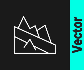 Obraz premium White line Mountain descent icon isolated on black background. Symbol of victory or success concept. Vector.