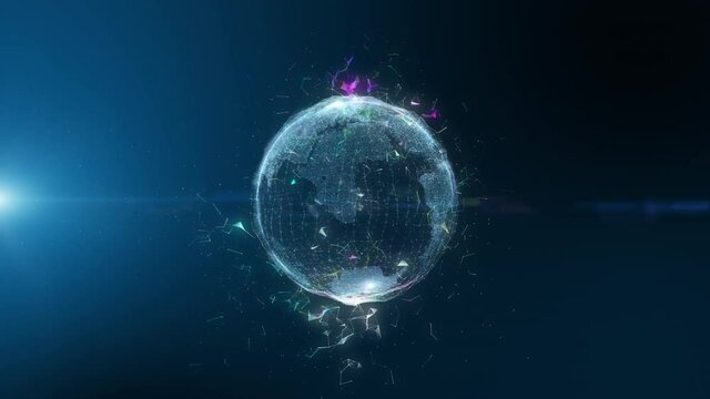 Digital grid and polygonal triangle connecting points space over the planet earth and sun light ray beam. Futuristic abstract network growing and covering planet. 3D rendering.
