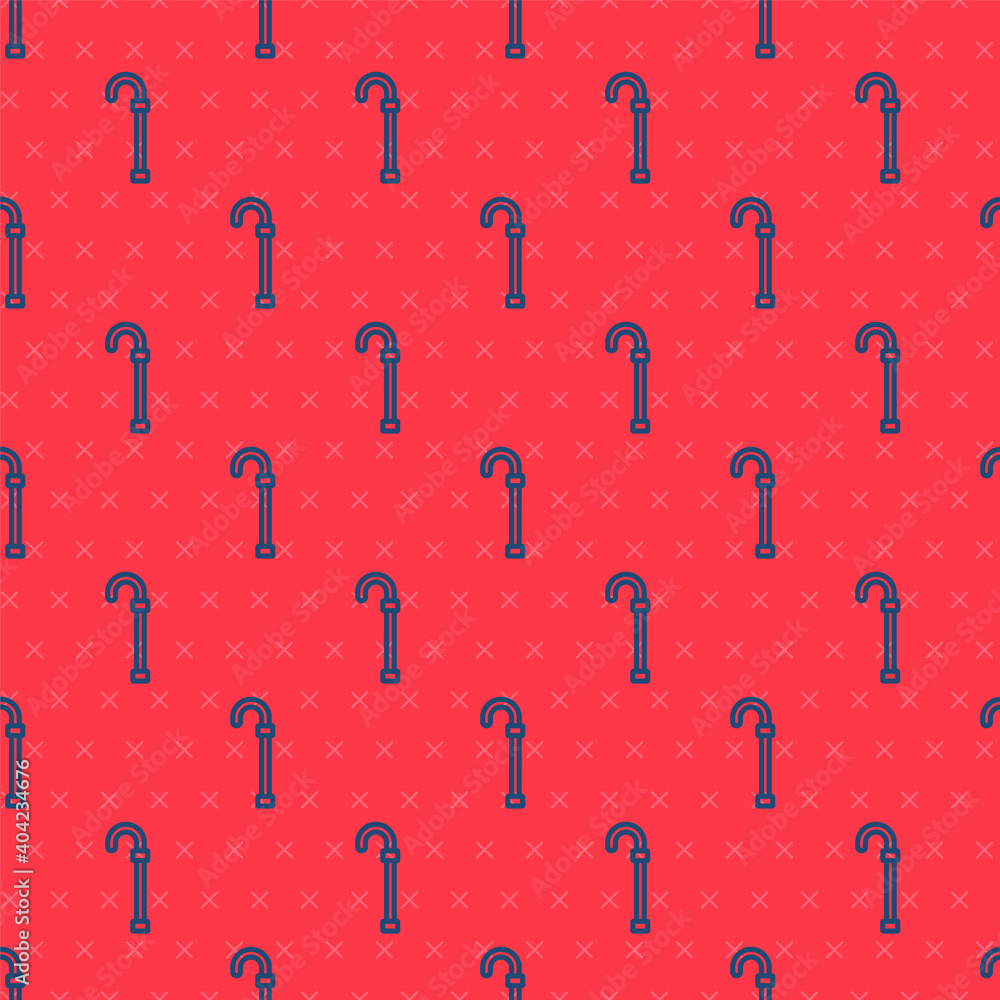 Poster blue line walking stick cane icon isolated seamless pattern on red background. vector.