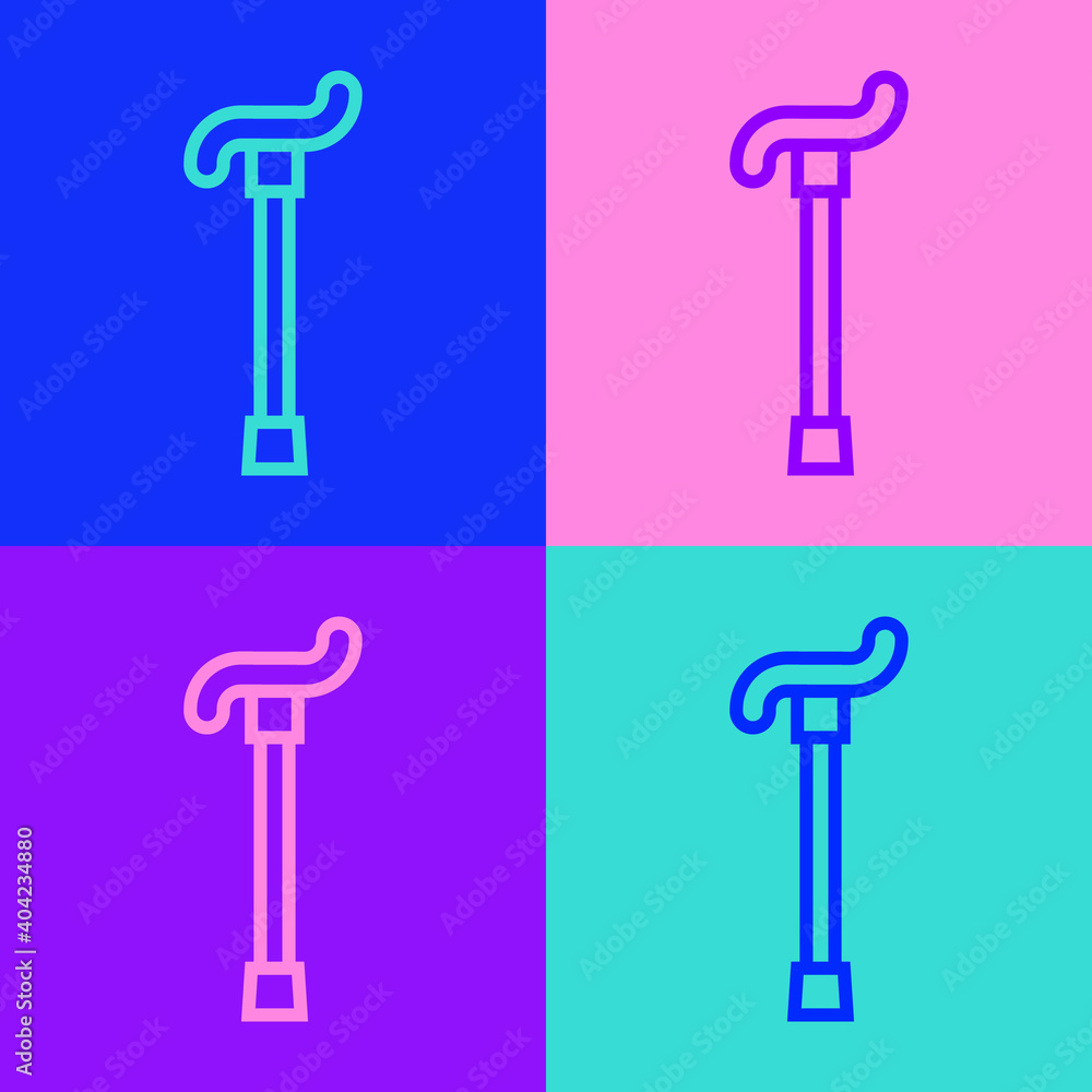 Poster pop art line walking stick cane icon isolated on color background. vector.