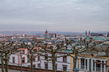 Fototapeta na wymiar Blick vom Kästrich aus über die Dächer von Mainz am frühen Morgen im Sonnenaufgang