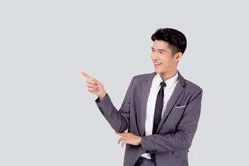 Portrait young asian business man pointing and presenting isolated on white background, advertising and marketing, executive and manager, male confident showing success, expression and emotion.