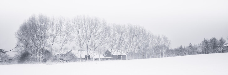 Bauernhof oder Gehört in einer Winterlandschaft mit Schnee und Nebel