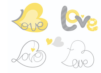 Vector illustration lettering words love. word set combinations for Valentine's Day. Trend colors yellow and gray.