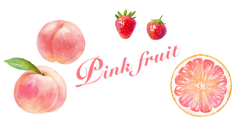 ピンク色のジューシーなフルーツのシームレスパターン 水彩イラスト モモ イチゴ グレープフルーツ Wall Mural Keiko Takamatsu