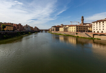 Aerial view of the Arno river in Florence, Italy