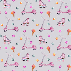 Watercolor hand painted seamless pattern with pink scooter, skates, ice cream and bubbles on grey background. Perfect for fabric, wrapping paper or scrapbooking.