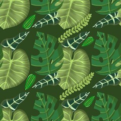 Seamless hand drawn botanical exotic  pattern with green palm leaves on dark background.