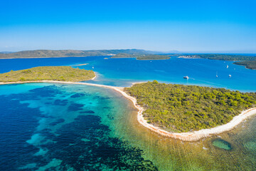 Seascape on Adriatic sea, island of Dugi Otok in Croatia, aerial view from drone.