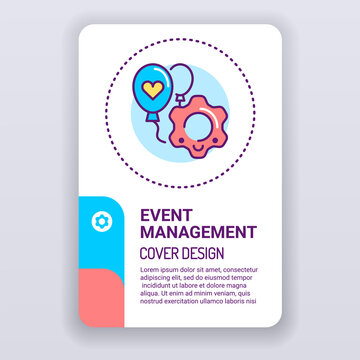 Event management brochure template. Service organization holidays cover design. Print design with linear illustration cartoon character on a white background.