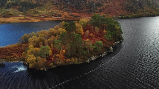 A beautiful lake island during the autumn yellow season