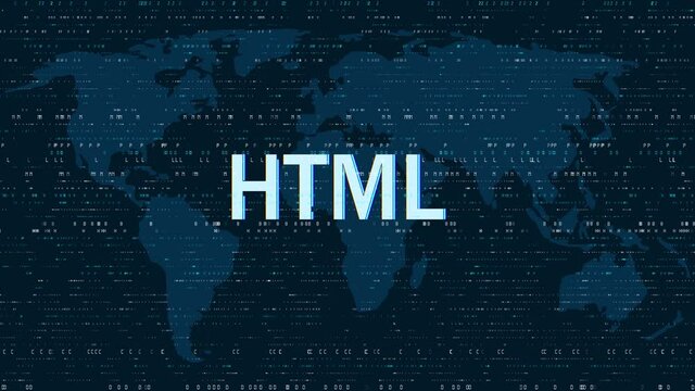 HTML5 glowing hologram over working cpu in background. Modern and futuristic 3D concept of coding, software and programming in 4K animation.