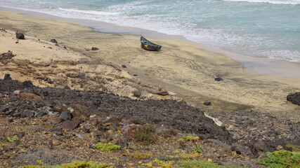a boat next to the road from Caihau to Salamansa or Baia das Gatas, on the island Sao Vicente, Cabo Verde, in the month of November