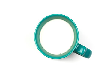 Green cup of milk isolated on white background. Top view.