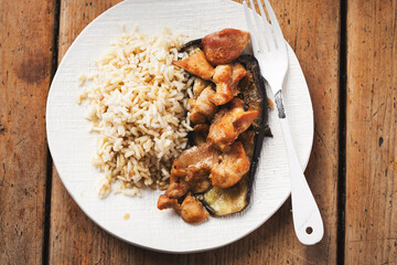 Sticky miso chicken roasted on soy aubergine 