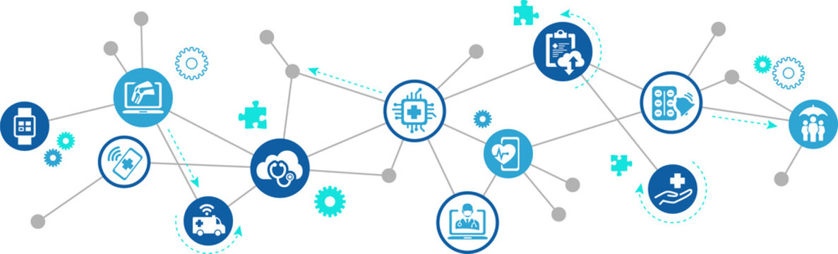 Digital Healthcare / Smart Health Devices / Iot Technology In Medicine Vector Illustration. Concept Around Medical Big Data, Cloud Applications, Wearable Health Monitoring, Digital / Virtual Diagnosis