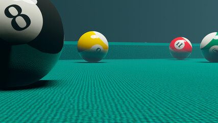 A pool table in a dark room.  Render a 3d scene.