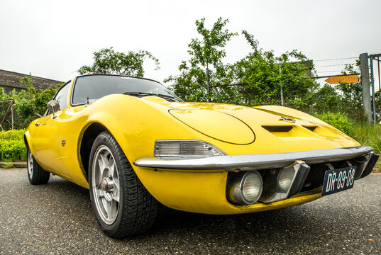 22 may, 2016 -Dronten: a classic yellow Opel GT on display at a classic car meeting