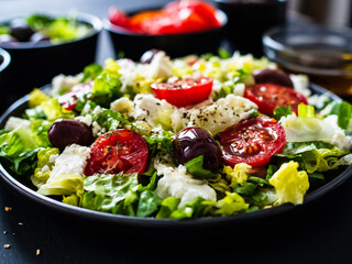 Fresh Greek salad - feta cheese, tomatoes, cucumber, lettuce, black olives and onion on wooden table