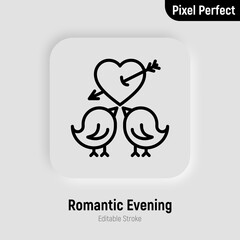 Valentine day. Two birds in love thin line icon. Pixel perfect, editable stroke. Vector illustration for romantic date, wedding.
