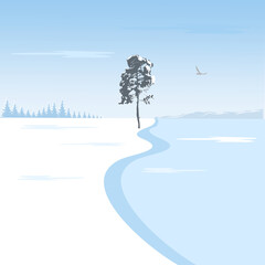 Winter landscape. Background image. A lonely snow-covered tree in a field and a lonely soaring bird in the sky. Vector illustration.