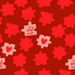 Valentines Day seamless pattern with puzzle and hearts. Perfect for wrapping paper, textile and scrapbooking. Editable vector illustration.