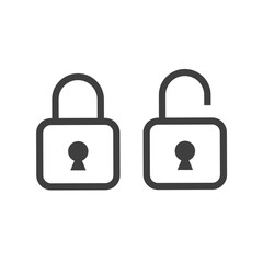 Seguridad. Logotipo candado abierto y candado cerrado con lineas en color gris