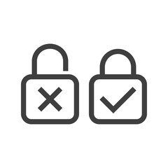 Seguridad. Logotipo candado abierto y candado cerrado con símbolos de error y ok con lineas en color gris