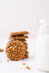 oatmeal cookies and milk. healthy snack. close up. front view