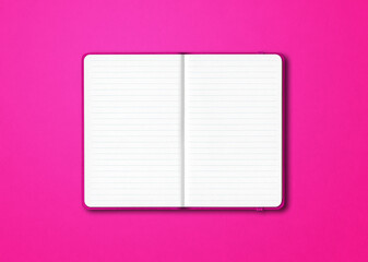 Pink open lined notebook isolated on colorful background