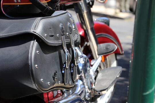 Funchal, Portugal 2019-04-30, Street Of Funchal. Indian Motorcycle  With Leather Saddlebag Trunk Bag Luggage