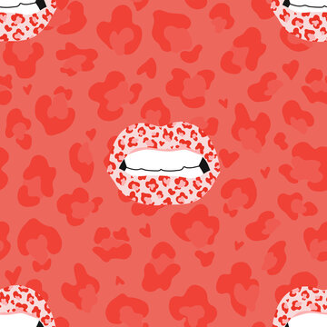 Sexy angry woman lips on red leopard background seamless pattern Glamour Cheetah lipstick makeup background Wild cat fashion design. Vector illustration