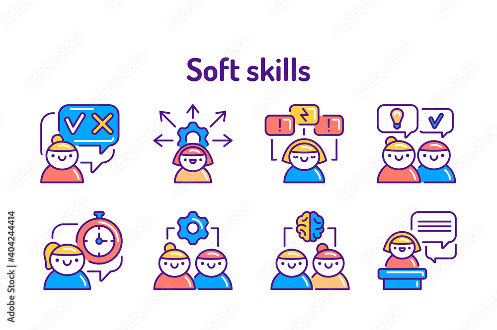 Aufkleber soft skills color line icons set. pictograms for web, mobile app, promo. ui ux design element.