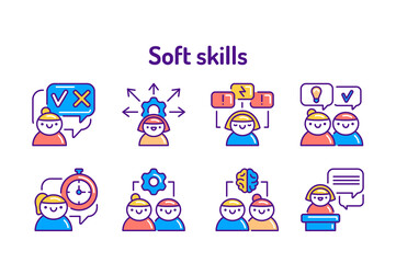 Fototapeta premium Soft skills color line icons set. Pictograms for web, mobile app, promo. UI UX design element.