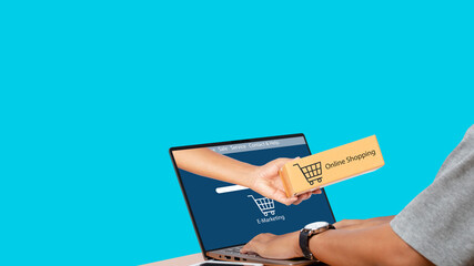 Online Shopping Website on Laptop isolated on blue background. clipping path.