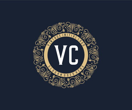 Initial VC Antique retro luxury victorian calligraphic emblem logo with ornamental frame.