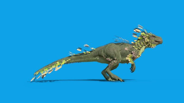 Feathered Dinosaur Trex Attack Blue Screen Side 3D Rendering Animation 4K