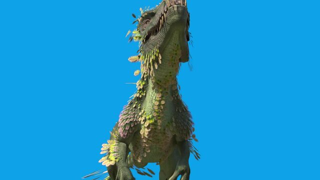 Feathered Dinosaur Trex Attack Blue Screen 3D Rendering Animation 4K